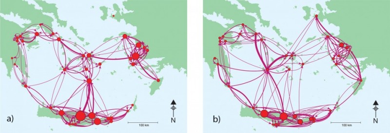 Figure 6. Aegean maritime networks before (a) and after (b) the eruption of Thera. The networks have sites labelled (in size) by rank and links (in thickness) by exchange flow. The resilience of the network to such a catastrophe is clear. The shift in the pattern of exchange after the eruption is striking, with an emphasis on the north-east of the network, where there is archaeological evidence for strong post-eruption activity (maps courtesy of R. Rivers and T. Evans).
